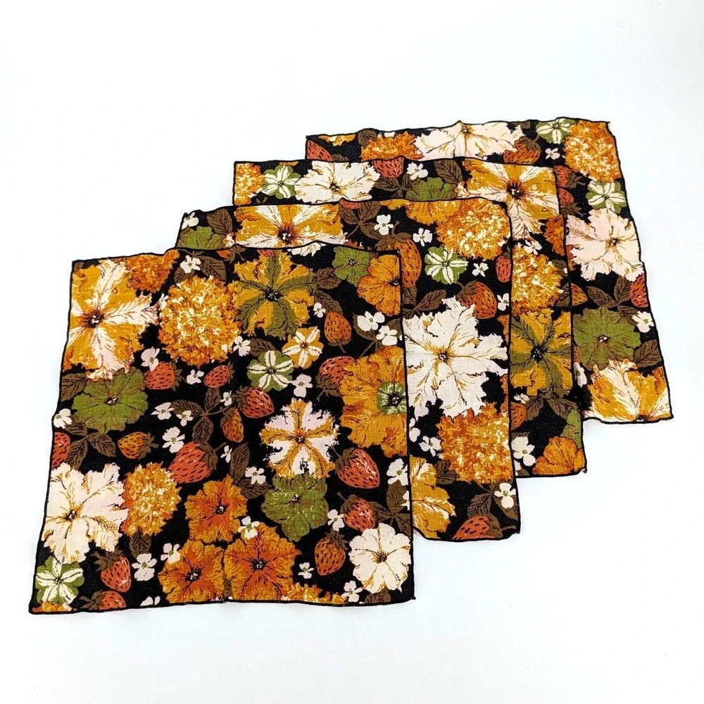 Vintage MCM Linen Napkins Set 4 70s Floral Strawberry Print Mustard Orange 15